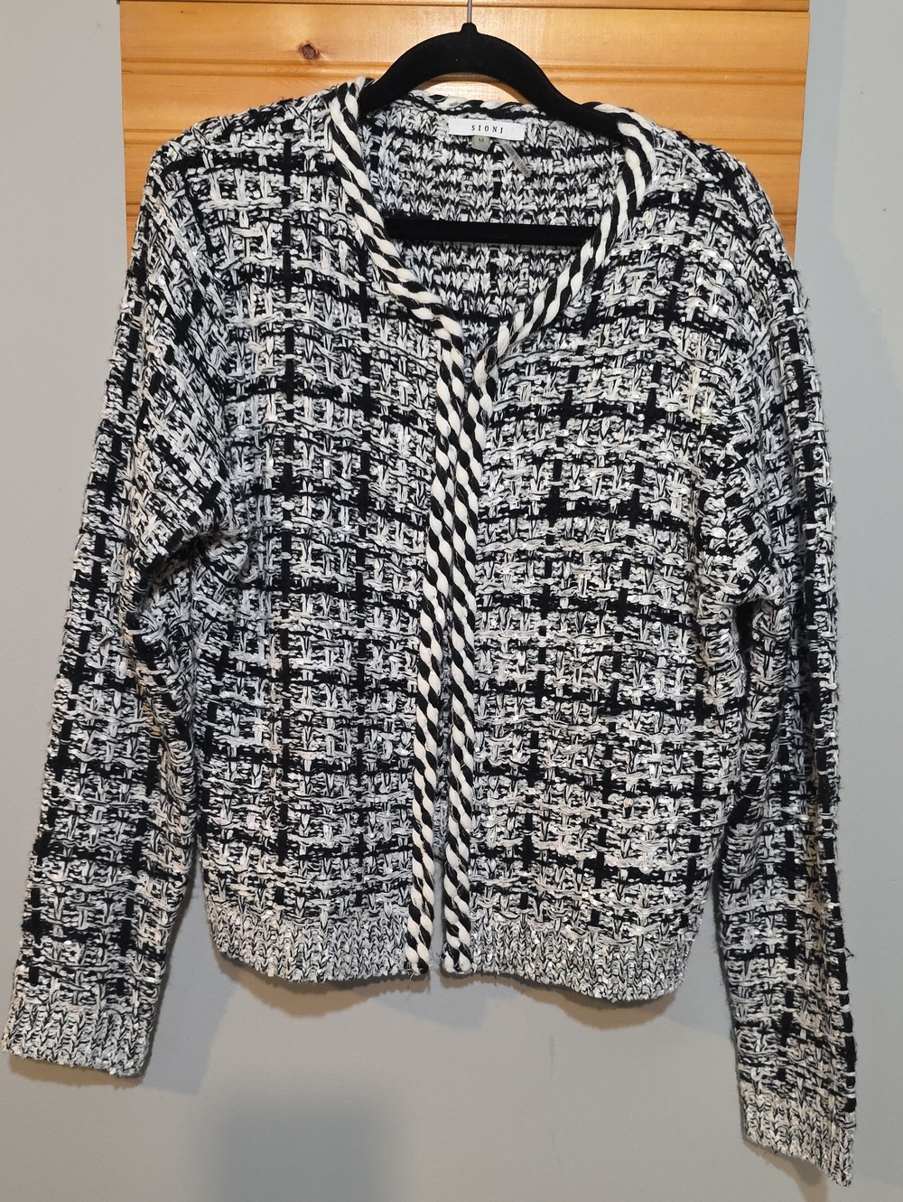 Sioni Black & White Textured Tweed Boucle-Style Cardigan Size M